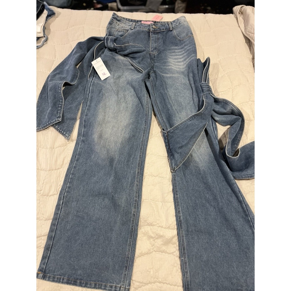 Nichole Lynel Women's Blue Jeans With‎ Denim Bows Size Large NWT See Photos